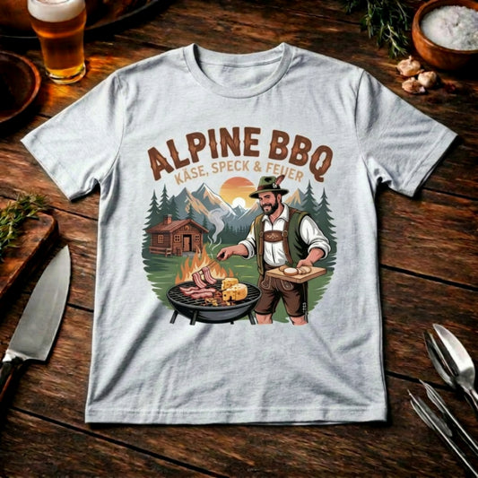Alpine BBQ Käse Speck & Feuer – Premium T-Shirt (Lustiges Alpen Grillmeister & Berge Geschenkshirt)