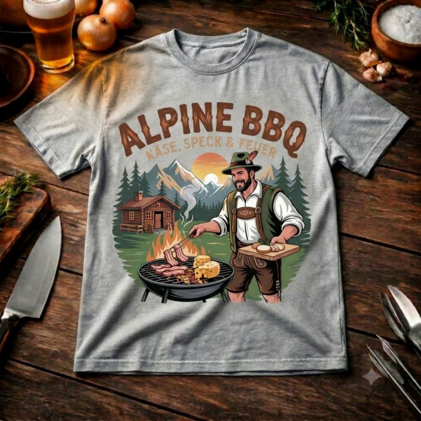 Alpine BBQ Käse Speck & Feuer – Lässiges Oversized T-Shirt (Rustikales Alpen Grillmeister & Hütte Streetwear Shirt)