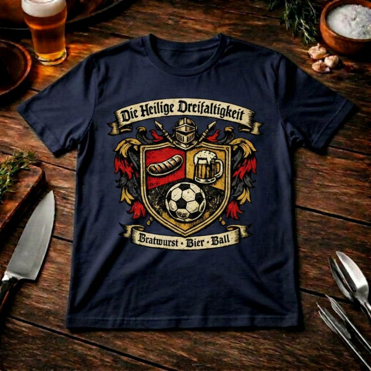 Die Heilige Dreifaltigkeit – Premium T-Shirt (Bratwurst, Bier & Fußball)