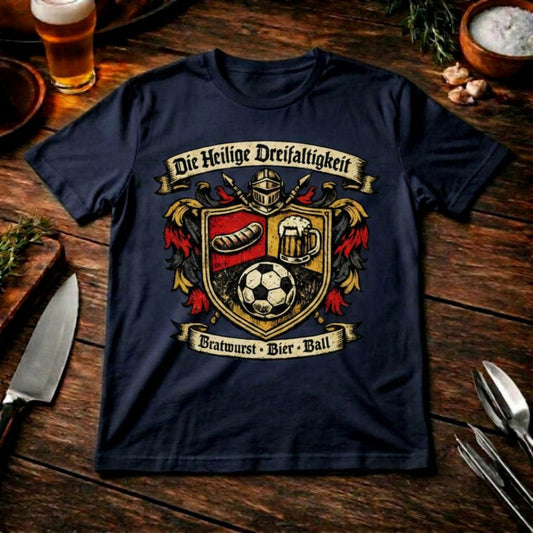 Die Heilige Dreifaltigkeit – Premium T-Shirt (Bratwurst, Bier & Fußball)