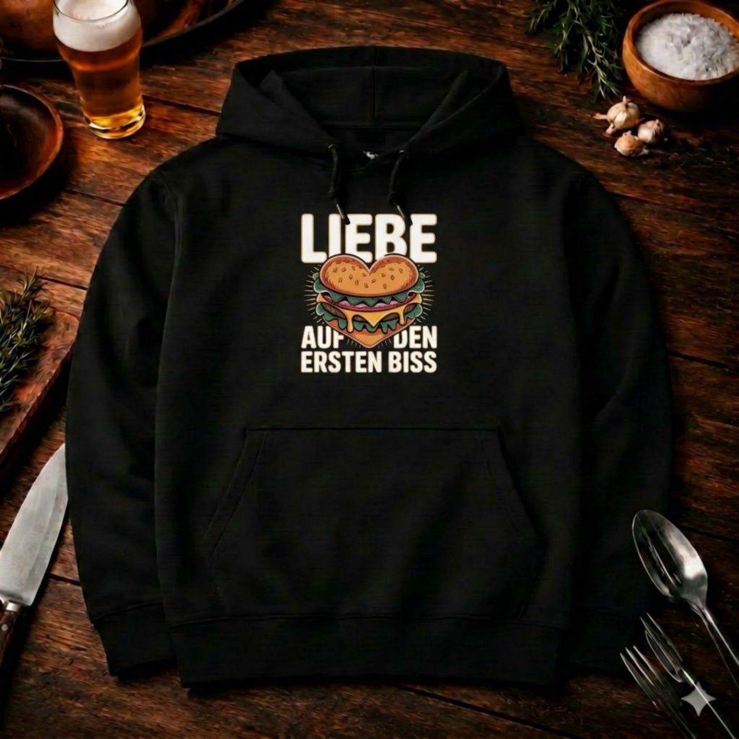 Liebe auf den ersten Biss – Premium Hoodie (Burger-Liebe)