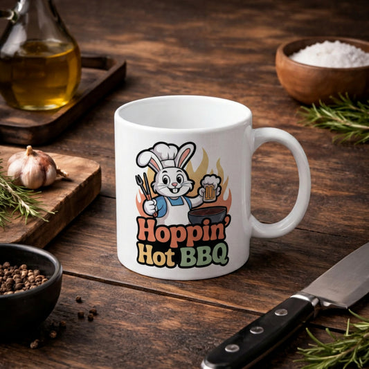 Hoppin' Hot BBQ Keramiktasse – Lustiger Grill-Hase Kaffeebecher | Meatware®