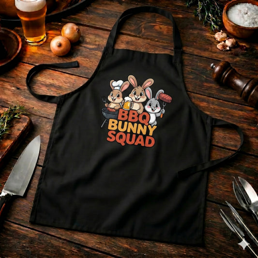 BBQ Bunny Squad Grillschürze – Lustiges Hasen Team Motiv | Schwarze BBQ Latzschürze