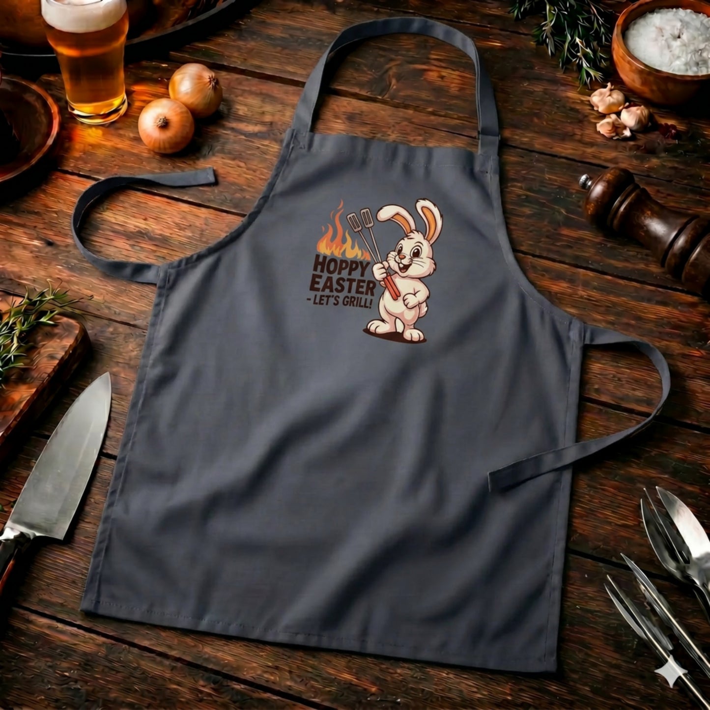 Hoppy Easter Let’s Grill Grillschürze – Lustiges Oster-Design | Schwarze BBQ Latzschürze