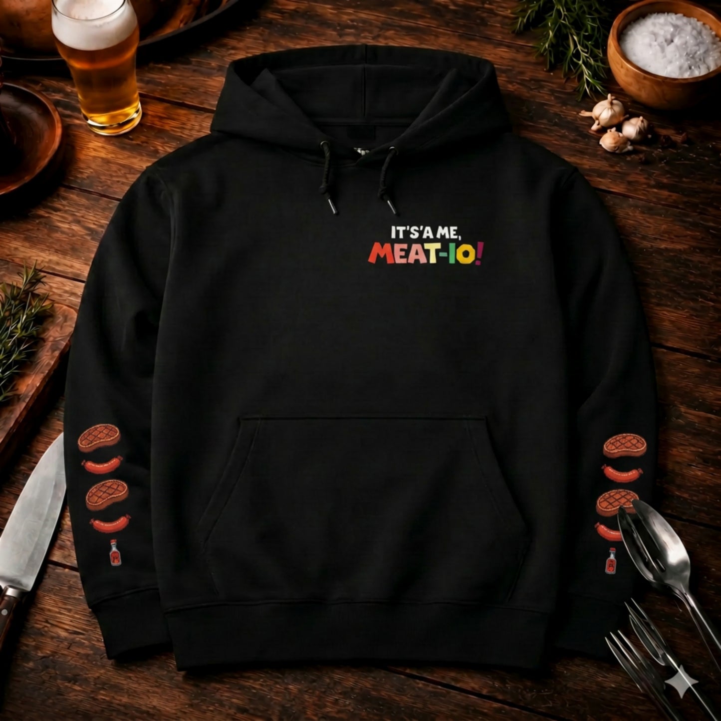 Meat-io Classic Hoodie – Full Print Edition | Vorne, Hinten & Beidseitiger Ärmeldruck