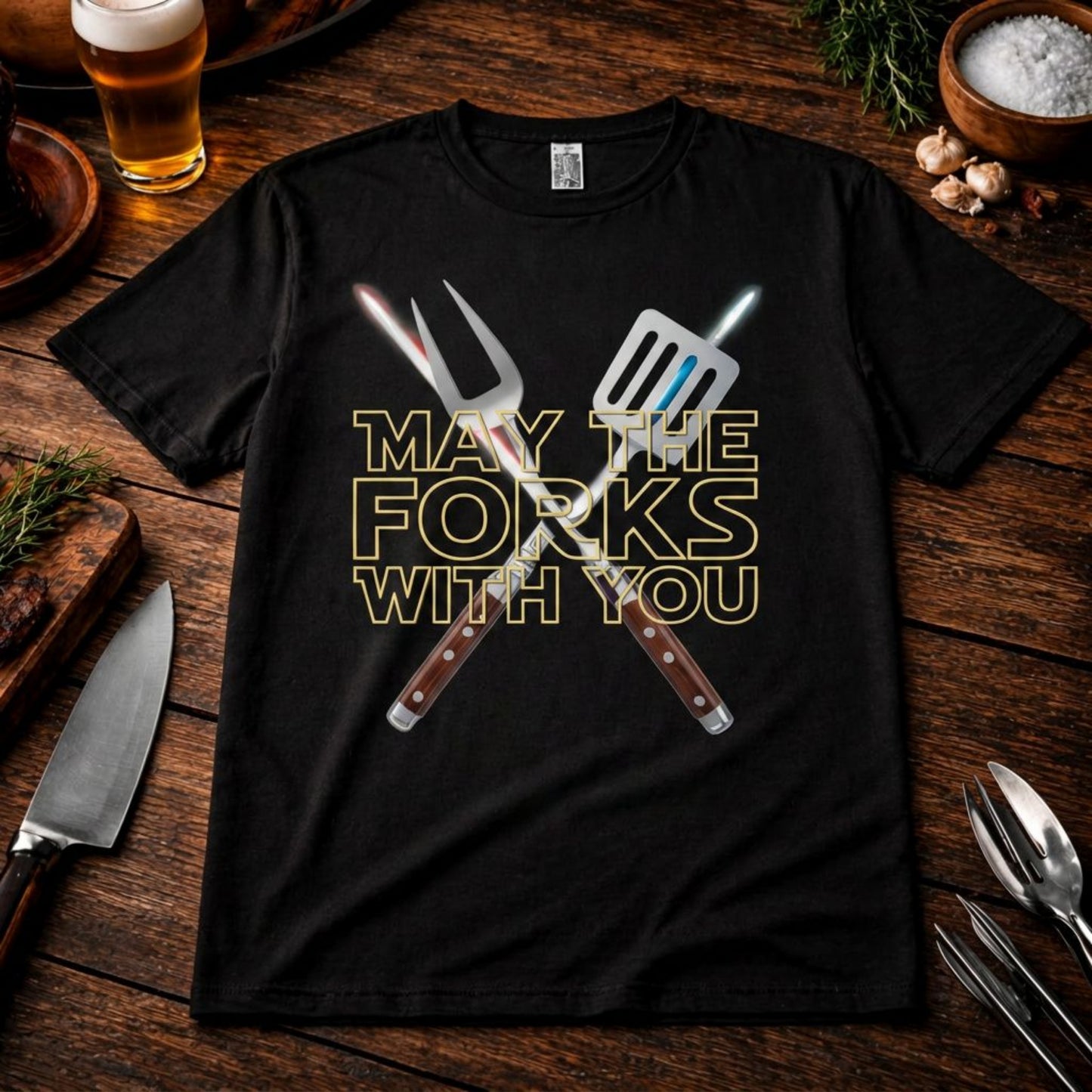 MAY THE FORKS WITH YOU – Oversized BBQ Shirt (Grill & Sci-Fi)