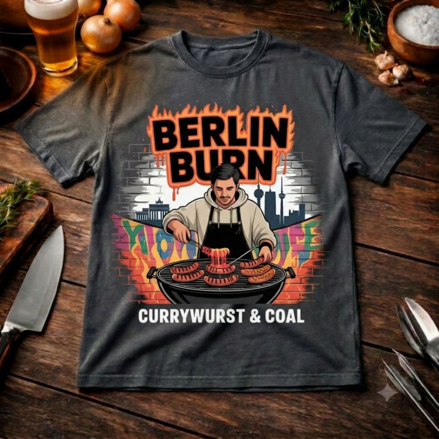 Berlin Burn – Lässiges Oversized T-Shirt (Currywurst & Coal Streetwear)