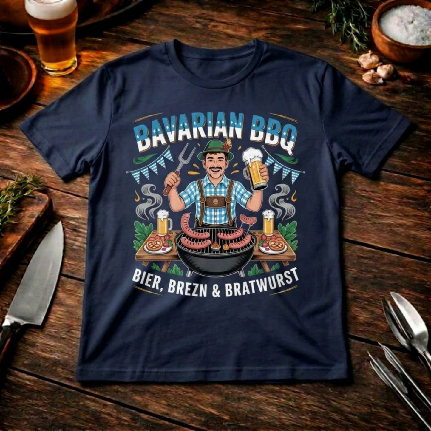 Bavarian BBQ – Premium T-Shirt (Lustiges Bayern Grillmeister & Oktoberfest Shirt)