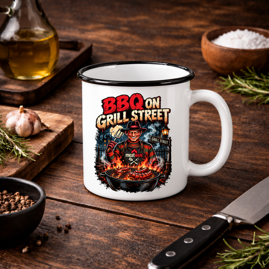Emaille Tasse BBQ on Grill Street – Lustige Horror Grill Emaille Tasse