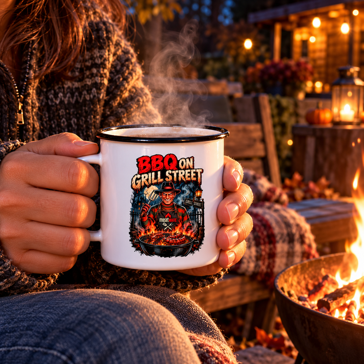 Emaille Tasse BBQ on Grill Street – Lustige Horror Grill Emaille Tasse