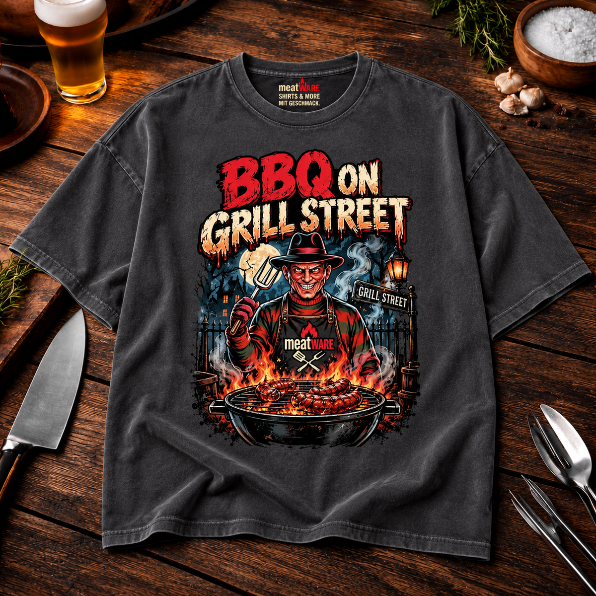 BBQ on Grill Street – Lustiges Horror Grill Oversized Shirt