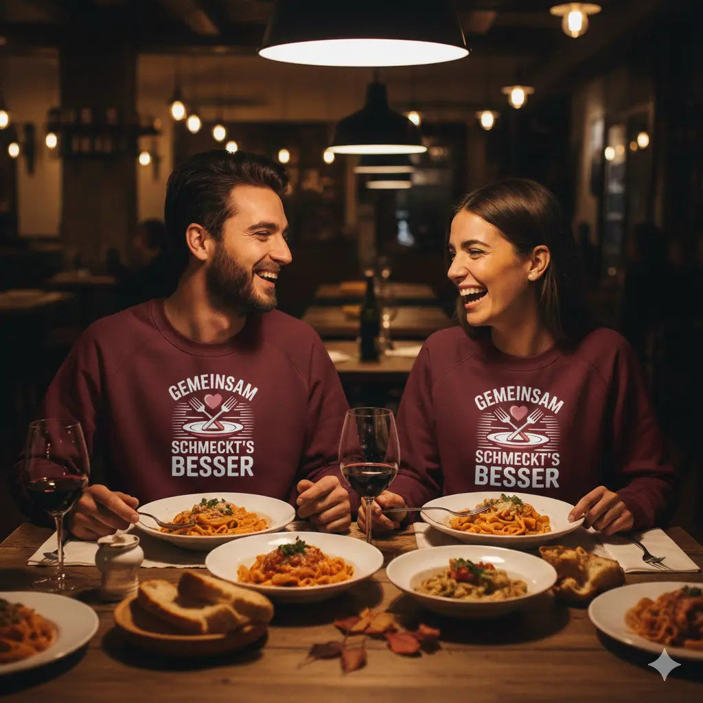 in Paar sitzt eng zusammen auf einer rustikalen Holzbank in einer Outdoor-Lounge während der blauen Stunde, beide tragen schwarze Premium Sweatshimit dem „Gemeinsam schmeckt’s besser“ Design und stoßen mit Rotwein über einer Antipasti-Platte an.t
