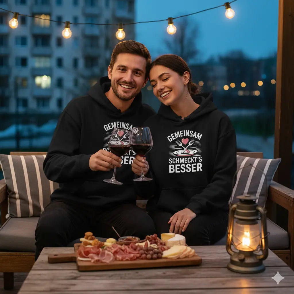 Ein Paar sitzt eng zusammen auf einer rustikalen Holzbank in einer Outdoor-Lounge während der blauen Stunde, beide tragen schwarze Premium Hoodies mit dem „Gemeinsam schmeckt’s besser“ Design und stoßen mit Rotwein über einer Antipasti-Platte an.