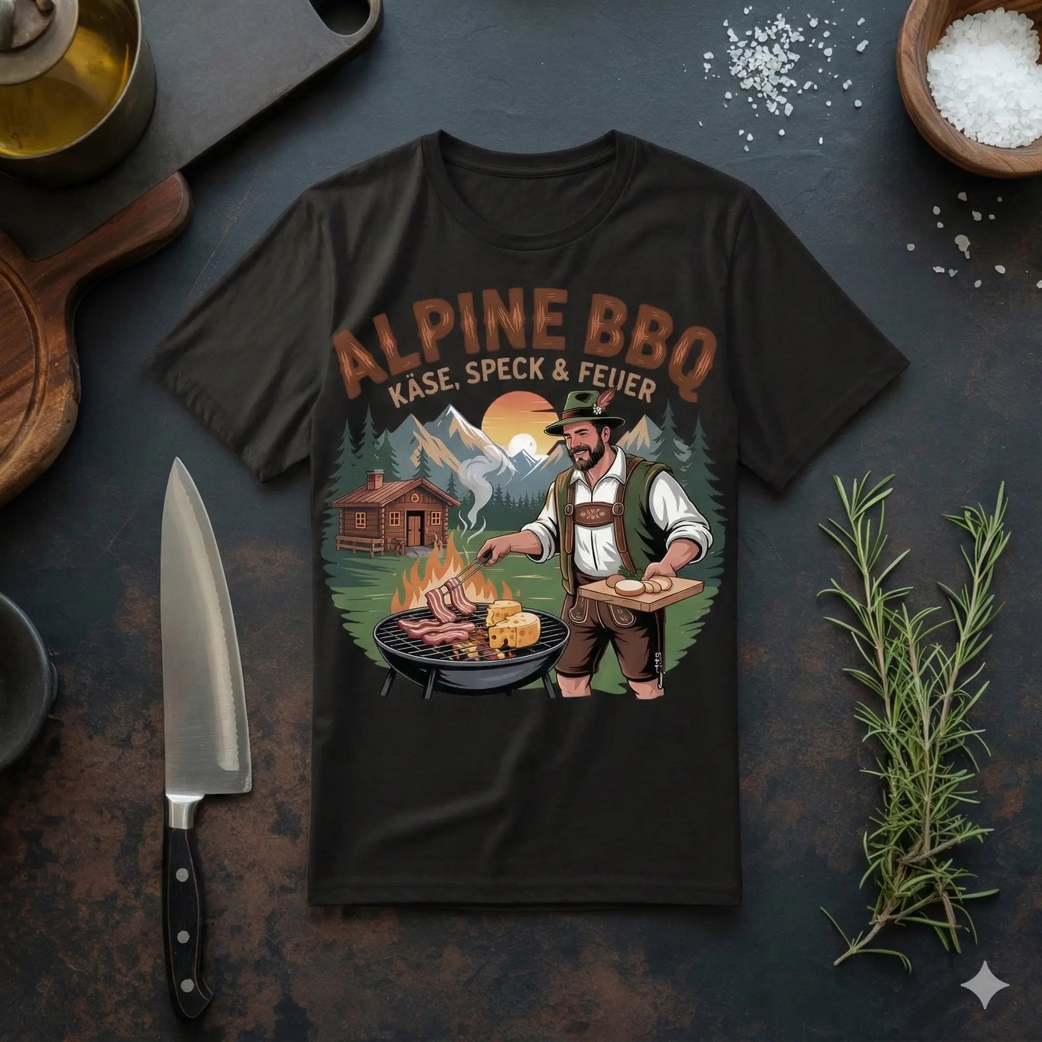 Ein flach liegendes, schwarzem T-Shirt mit dem „Alpine BBQ“-Grafikprint (ein Grillmeister in Lederhosen vor Bergkulisse). Das Shirt liegt auf einer dunklen, rustikalen Arbeitsplatte, dekoriert mit einem Kochmesser, frischem Rosmarin und Salzschälchen.