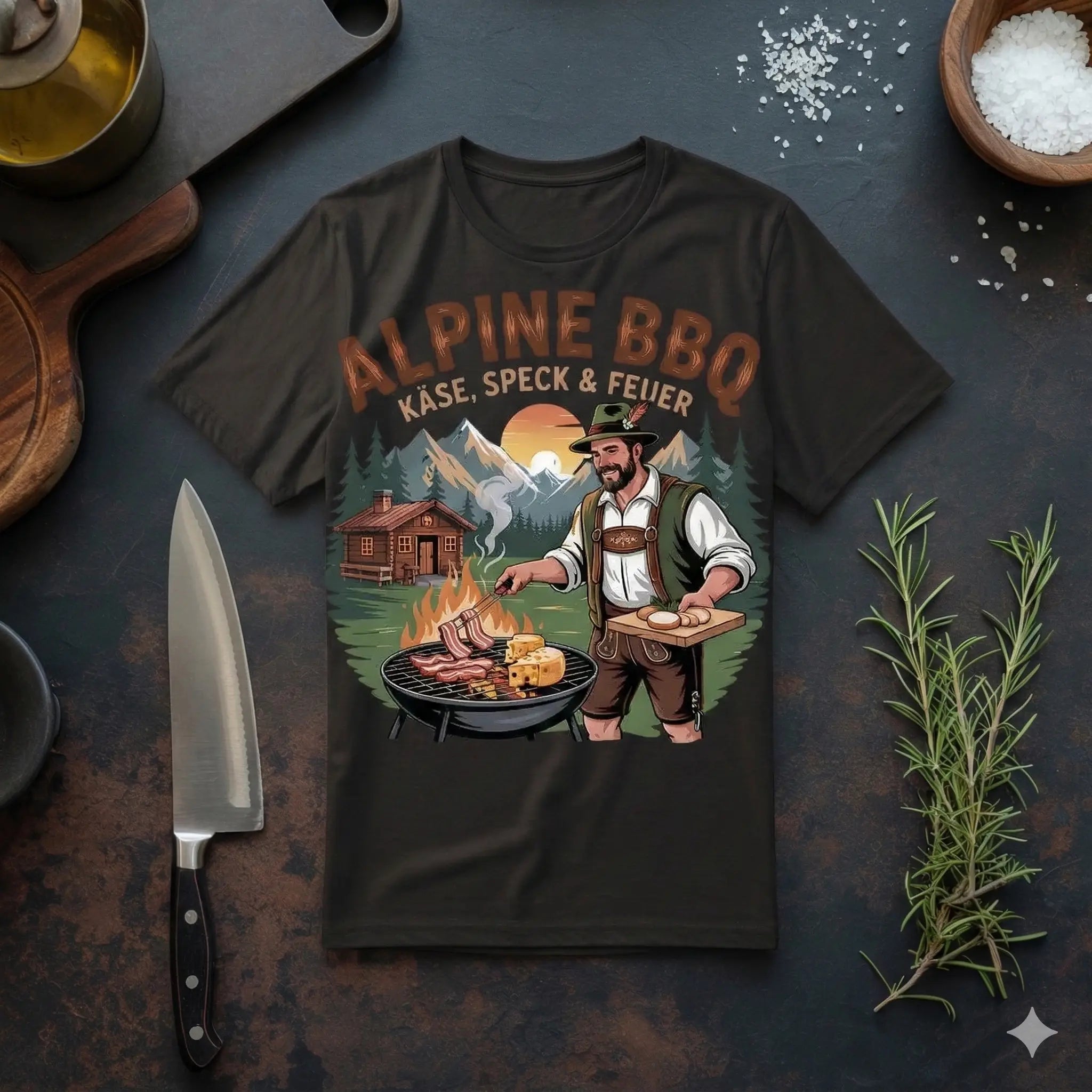 Ein flach liegendes, dunkelbraunes T-Shirt mit einem "Alpine BBQ" Print (bayerischer Grillmeister, Berge, Hütte, Speck & Käse) auf einer dunklen Küchenarbeitsplatte, umgeben von einem Messer, Rosmarin, Salz und einem Ölspender.
