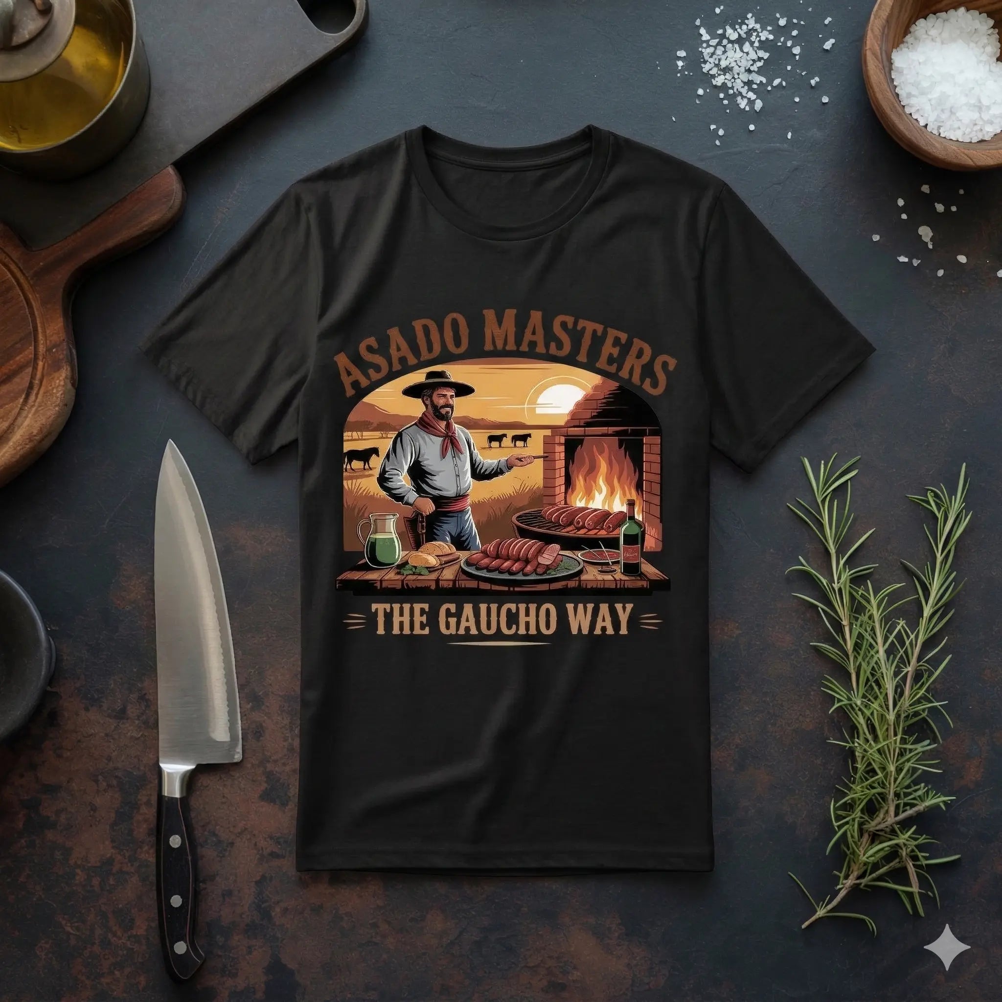 Ein flach liegendes, schwarzes T-Shirt mit dem „Asado Masters – The Gaucho Way“-Grafikprint, das einen Grillmeister am offenen Feuer zeigt. Das Shirt ist auf einer dunklen, rustikalen Arbeitsplatte platziert und stilvoll mit einem Kochmesser, frischem Rosmarin und Salz dekoriert.