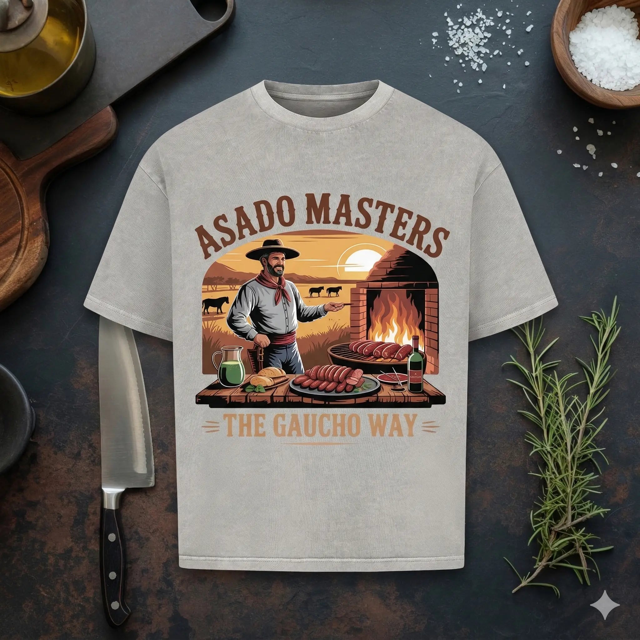 Ein realistisches T-Shirt-Mockup auf einer dunklen, rustikalen Arbeitsplatte. Das T-Shirt ist in einem hellen Steingrau gehalten und zeigt das „Asado Masters - The Gaucho Way“-Design. Um das Shirt herum liegen Grill-Utensilien wie ein Profi-Küchenmesser, ein Holzbrett, frischer Rosmarin sowie Schalen mit grobem Meersalz und Öl, was eine hochwertige kulinarische Atmosphäre schafft.