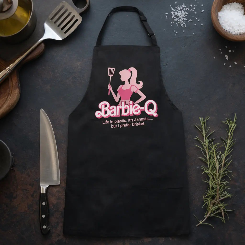 Schwarze BBQ Grillschürze „Barbie-Q“ mit pinker Grill-Silhouette und Spruch „Life in plastic, it’s fantastic… but I prefer brisket“, präsentiert im rustikalen BBQ Küchen-Mockup mit Grillspatel, Kochmesser, Rosmarin und grobem Salz.