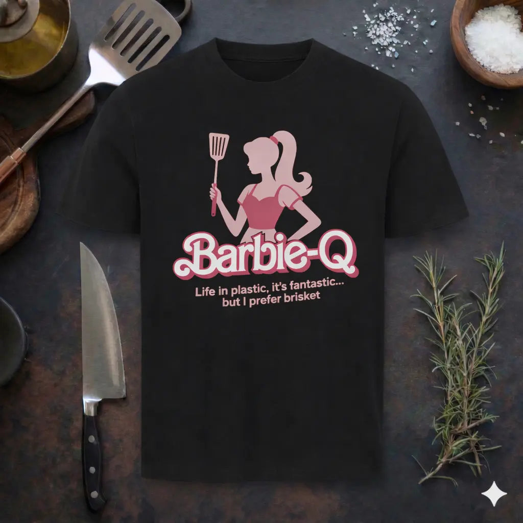 Barbie-Q BBQ Parody Grill T-Shirt in Schwarz mit Grill-Spachtel und „Life in plastic it’s fantastic but I prefer brisket“ Spruch, präsentiert im rustikalen BBQ Küchen-Mockup mit Messer, Salz und Rosmarin.