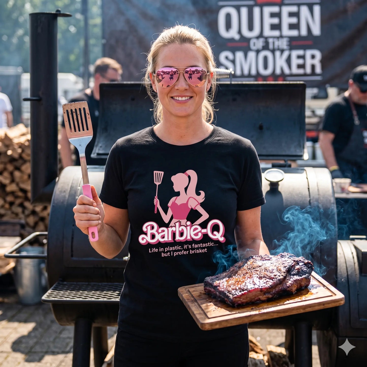 Eine lächelnde Grillmeisterin mit verspiegelter Sonnenbrille steht vor einem großen schwarzen Smoker. Sie trägt das „Barbie-Q“ Shirt, hält einen rosa Grillwender und ein rauchendes Brisket auf einem Holzbrett.