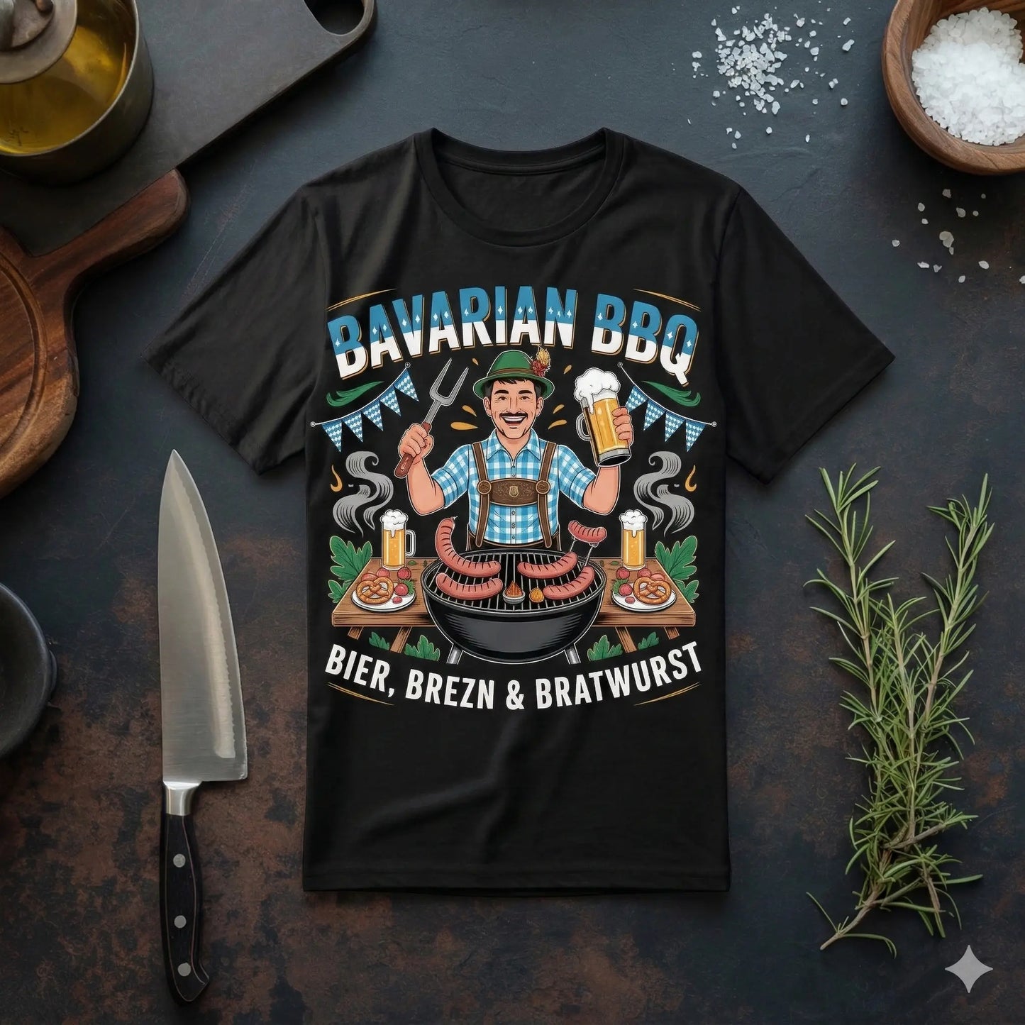 Ein schwarzes Heavy-Cotton Oversized T-Shirt, flach liegend auf einer dunklen, rustikalen Arbeitsplatte. Das Design zeigt eine bunte Illustration eines Mannes in Tracht beim Grillen, umrahmt von den Schriftzügen „Bavarian BBQ“ und „Bier, Brezn & Bratwurst“. Daneben liegen ein Küchenmesser und frischer Rosmarin
