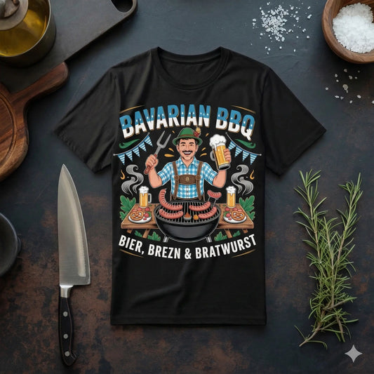 Ein schwarzes Heavy-Cotton Oversized T-Shirt, flach liegend auf einer dunklen, rustikalen Arbeitsplatte. Das Design zeigt eine bunte Illustration eines Mannes in Tracht beim Grillen, umrahmt von den Schriftzügen „Bavarian BBQ“ und „Bier, Brezn & Bratwurst“. Daneben liegen ein Küchenmesser und frischer Rosmarin
