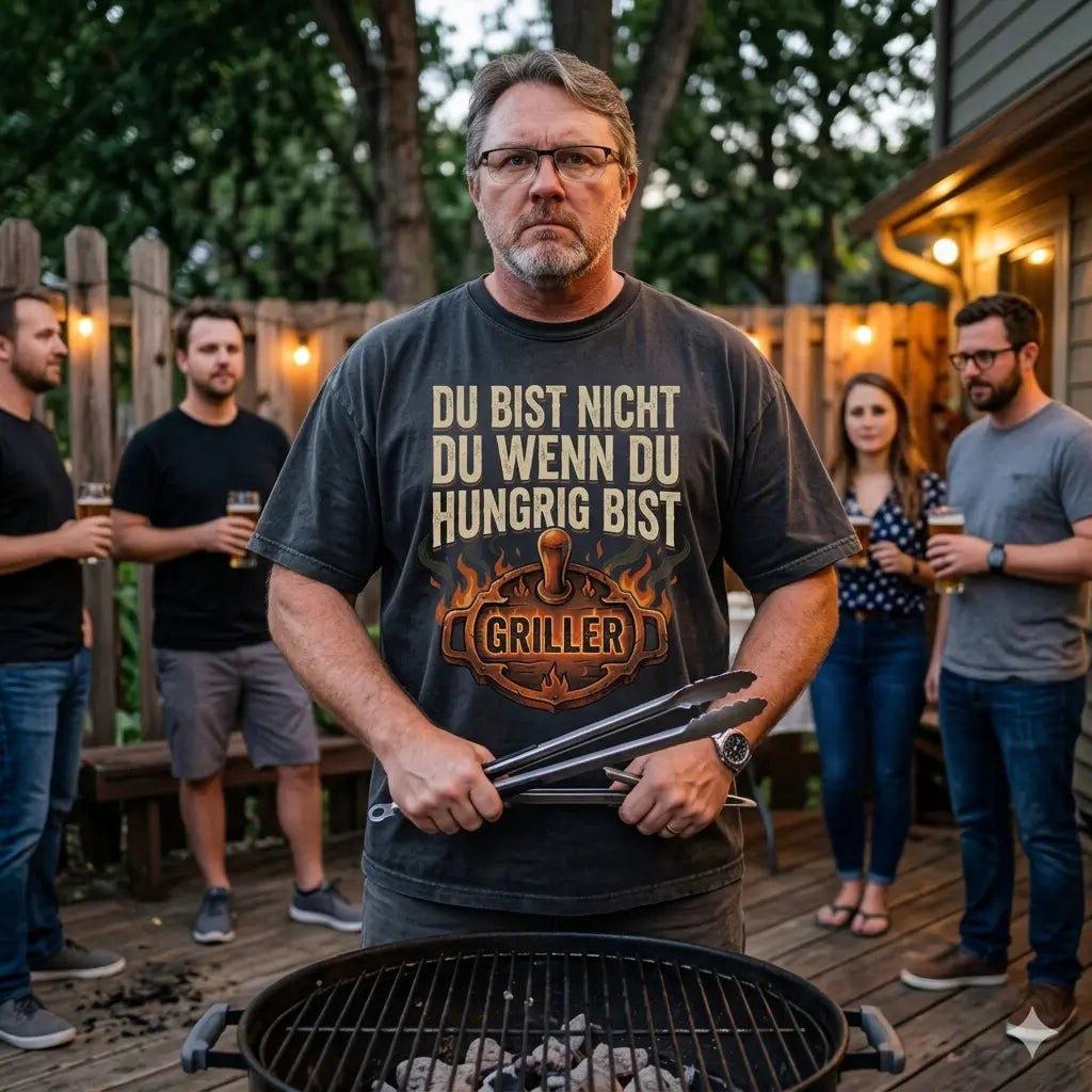 Ein Monumental-Hangry Grillmeister mit Grillzange vor kaltem Grill, untersichtige Perspektive.