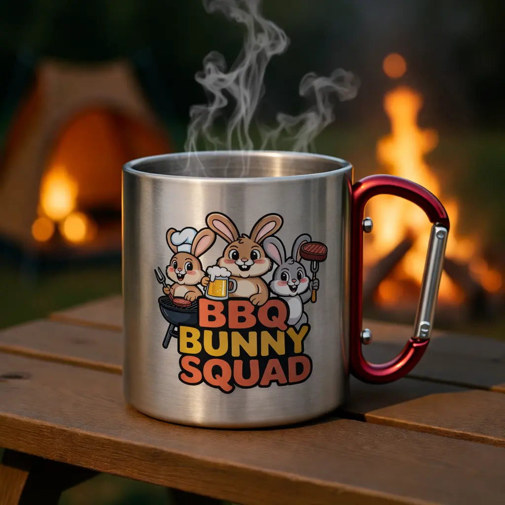 Edelstahl Campingbecher mit Karabinergriff BBQ Bunny Squad von Meatware mit Grillhasen Design am Lagerfeuer Camping Mockup mit aufsteigendem Dampf