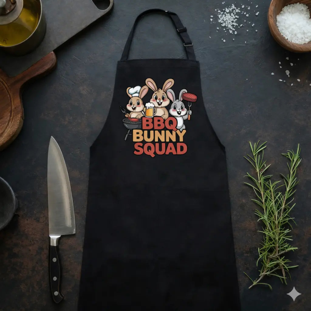 BBQ Bunny Squad Grillschürze – Lustiges Hasen Team Motiv | Schwarze BBQ Latzschürze