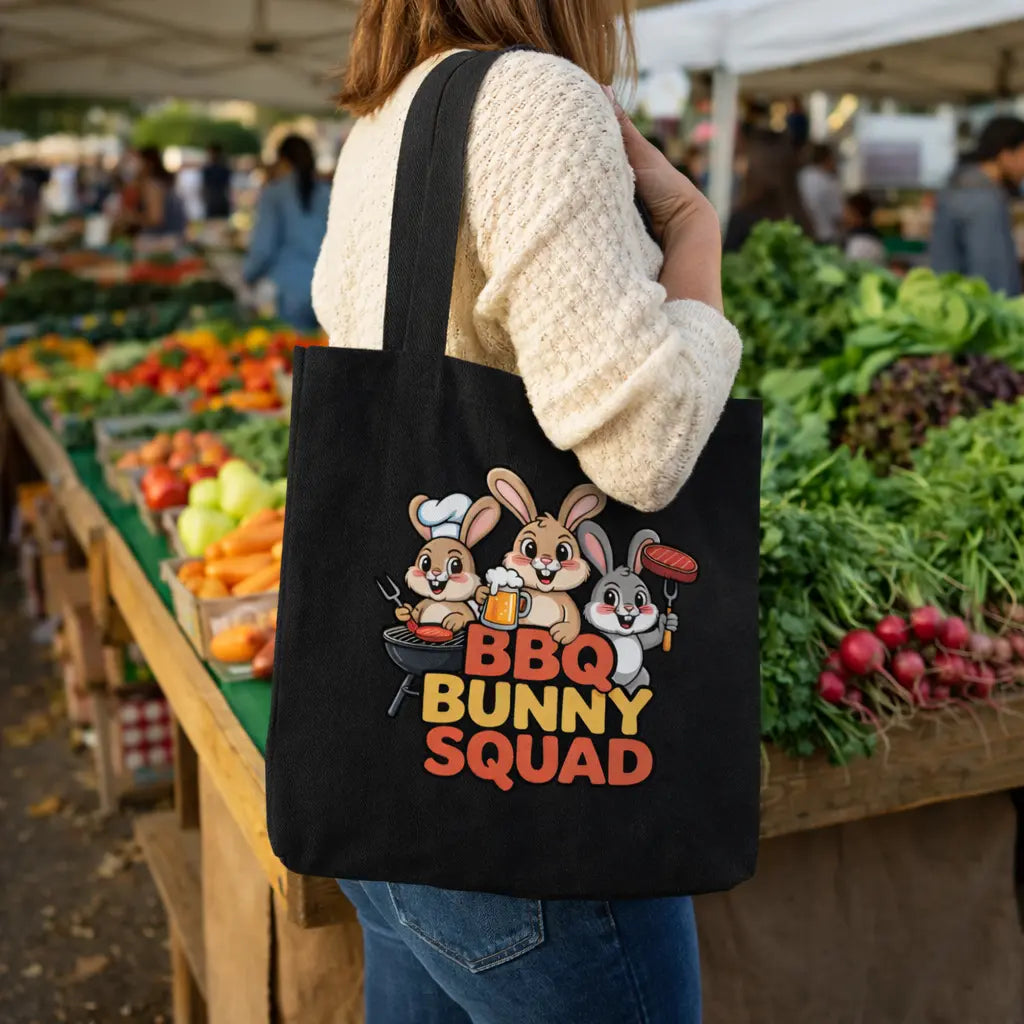 Schwarzer Jutebeutel BBQ Bunny Squad von Meatware mit Grillhasen Design getragen von einer Frau auf einem Gemüsemarkt