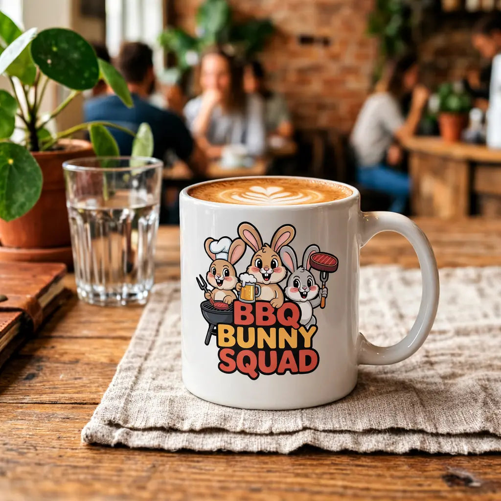 White BBQ Bunny Squad coffee mug with cute grilling rabbits design, Meatware BBQ mug displayed in cozy café mockup with latte, wooden table and blurred coffee shop background.