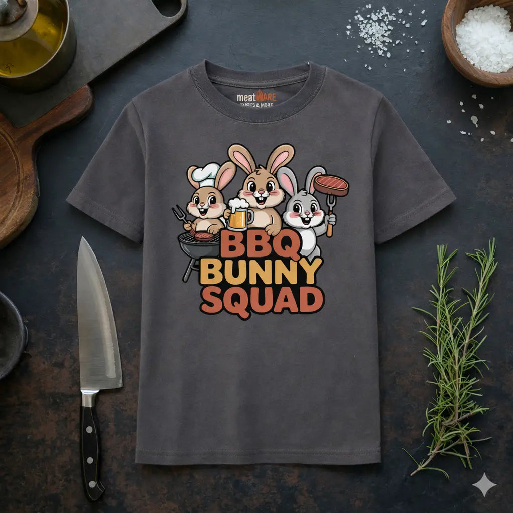 Kids BBQ Bunny Squad T-shirt with cute grilling rabbits design and Meatware neck branding, children’s BBQ shirt displayed in rustic kitchen mockup with knife, rosemary and salt.