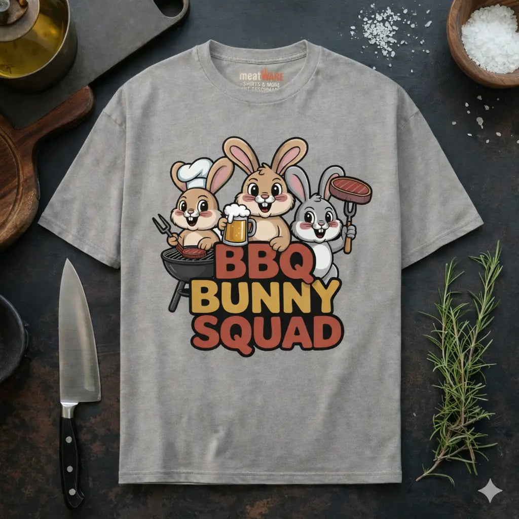 Oversized BBQ Bunny Squad T-Shirt with cute grilling rabbits design and Meatware neck branding, displayed in rustic kitchen BBQ mockup with knife, rosemary and salt.