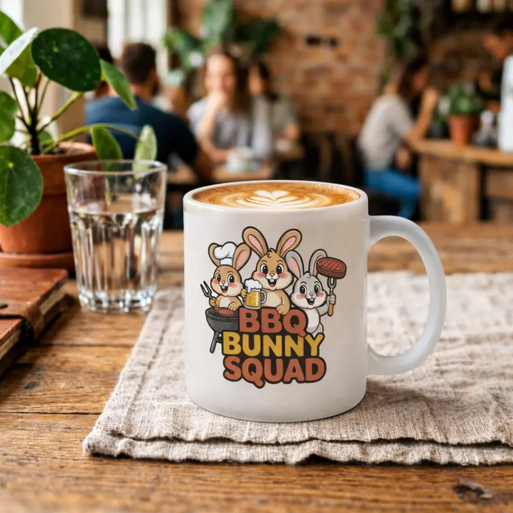 BBQ Bunny Squad satinierte Glastasse von Meatware mit süßem Grillhasen Design, Kaffee Latte im Café Mockup auf Holztisch