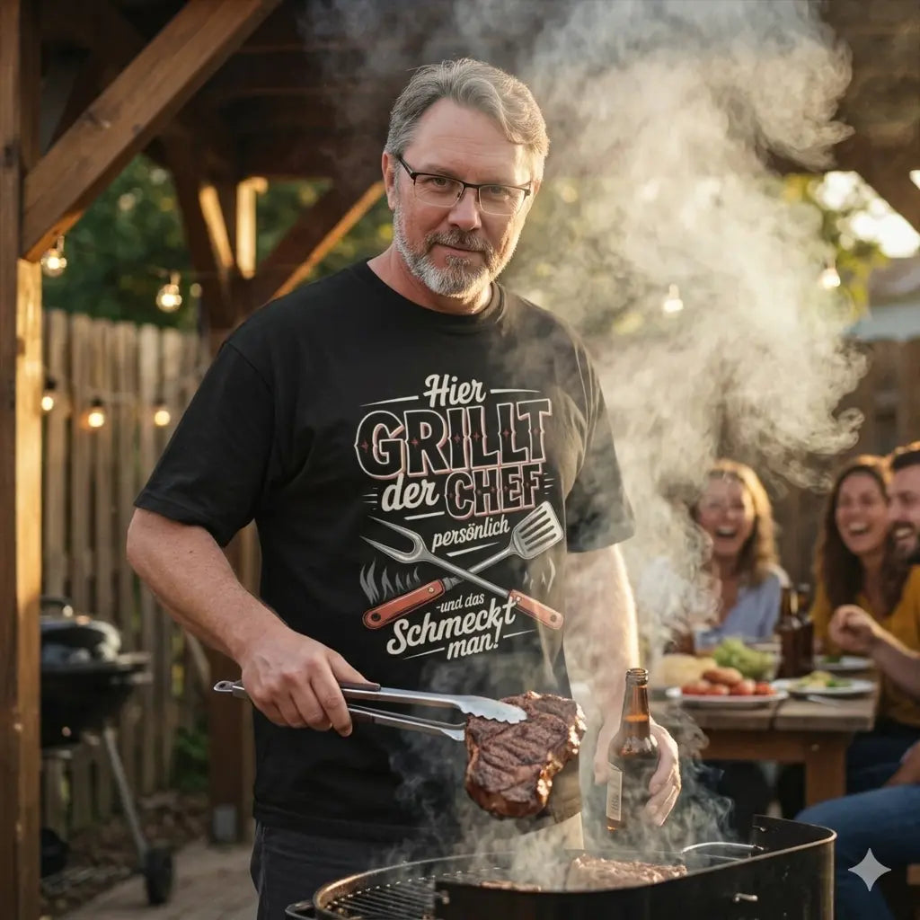 Authentisches Foto: Mann mit Bart und Brille (User) im schwarzen Grill-Shirt "Hier GRILLT der Chef" am rauchenden Grill, lachend.
