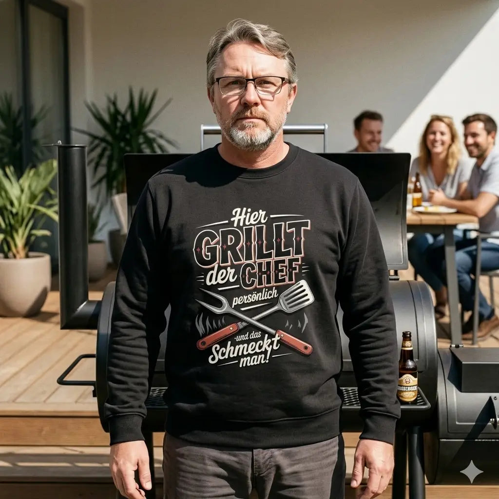 Authentisches Foto: Klaus (User) im schwarzen Organic-Sweatshirt "Hier GRILLT der Chef" am sauberen Grill, frontal.