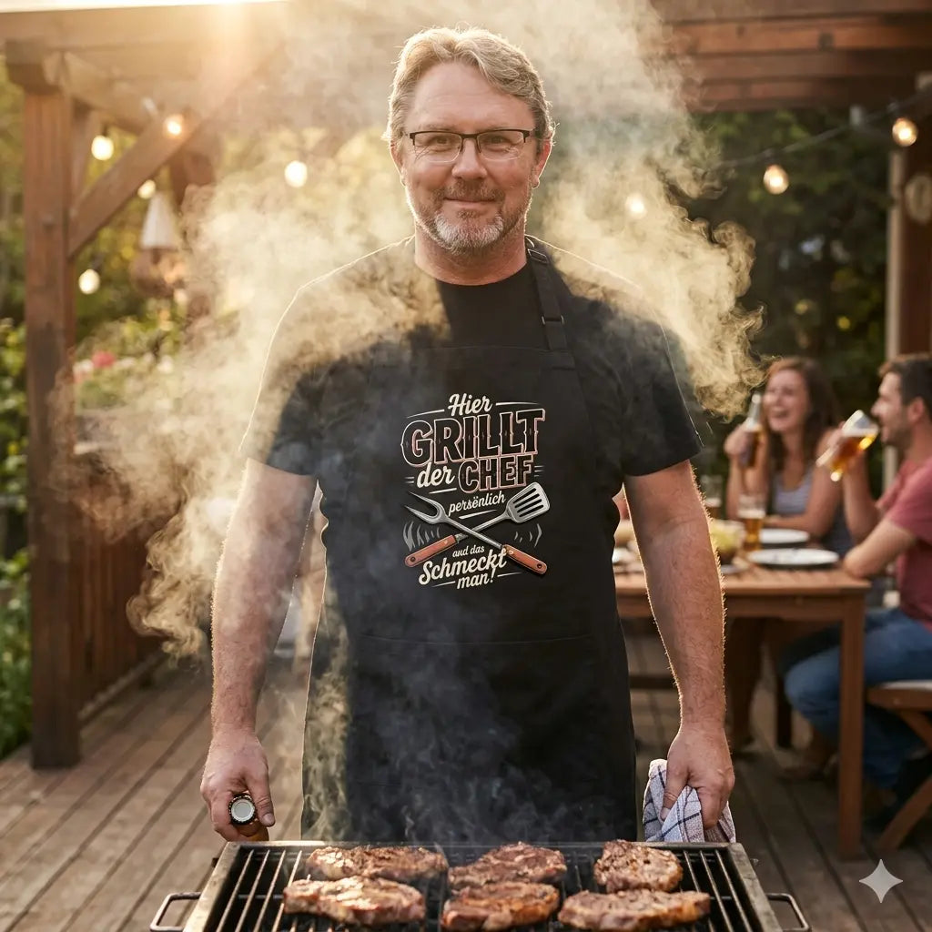 Authentisches Foto: Klaus (User) in der schwarzen Grill-Schürze "Hier GRILLT der Chef" frontal hinter dem Grill, konzentriert.