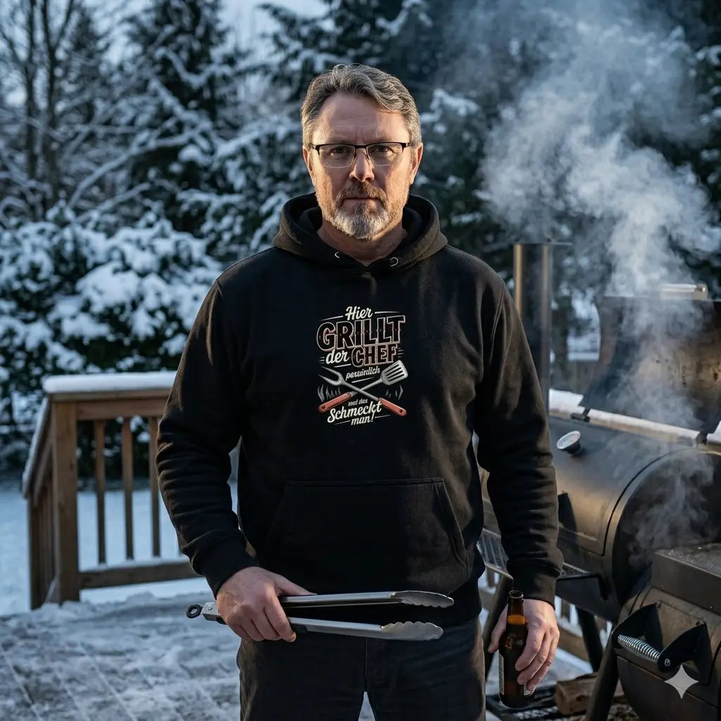 Authentisches Foto: Thomas (User) im schweren schwarzen Hoodie am rauchenden Smoker im Winter, frostige Luft.