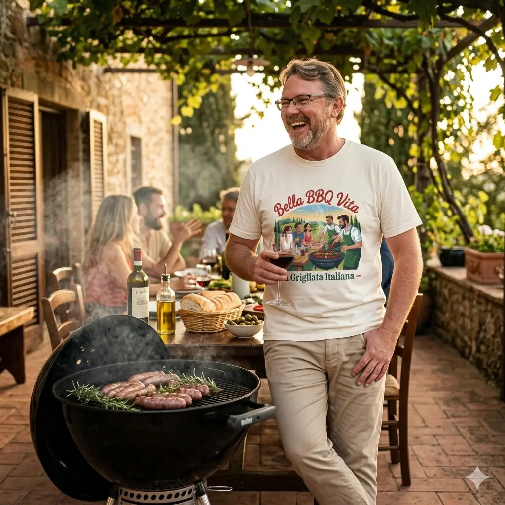 Candid Foto: Lachender Mann mit Rotwein in Bella BBQ Vita T-Shirt an mediterranem Grill.