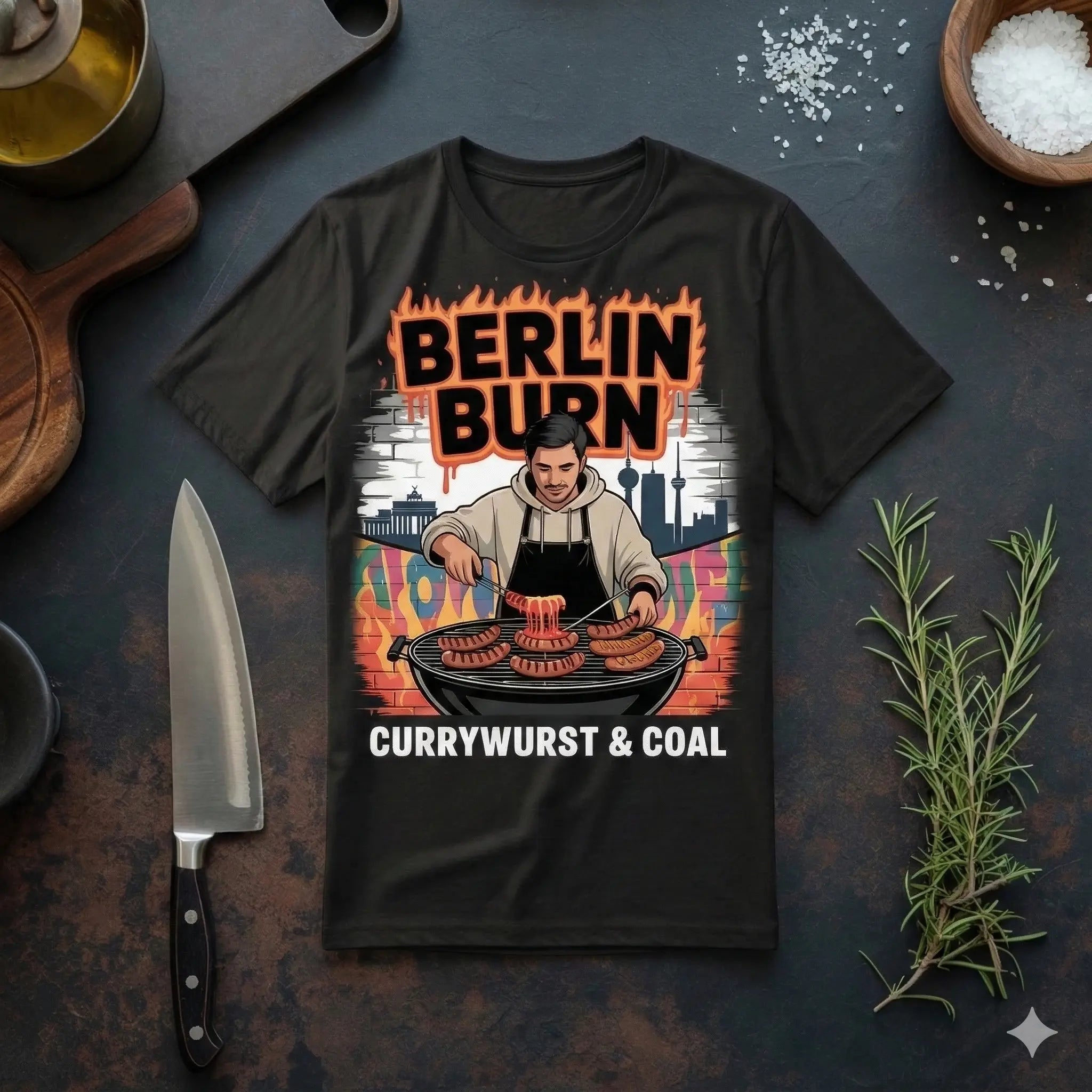 Ein schwarzes T-Shirt mit einem urbanen Grill-Design flach liegend auf einer dunklen Arbeitsplatte. Das Motiv zeigt einen Mann am Grill vor einer Berliner Skyline-Kulisse mit den Schriftzügen „BERLIN BURN“ und „CURRYWURST & COAL“. Daneben liegen ein Messer und Rosmarin