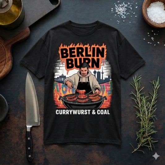 Ein schwarzes Heavy-Cotton Oversized T-Shirt, flach liegend auf einer dunklen, rustikalen Arbeitsplatte. Das Design zeigt eine Illustration eines Mannes beim Grillen von Currywurst vor einer Berliner Kulisse mit dem brennenden Schriftzug „BERLIN BURN“ und dem Untertitel „CURRYWURST & COAL“. Daneben liegen ein Kochmesser und Rosmarin