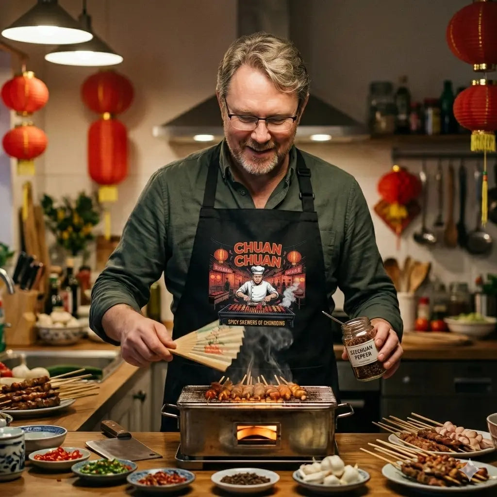 Schwarze Kochschürze mit rotem Chuan Chuan Grill-Logo, Szechuan-Text, getragen von User-Modell.