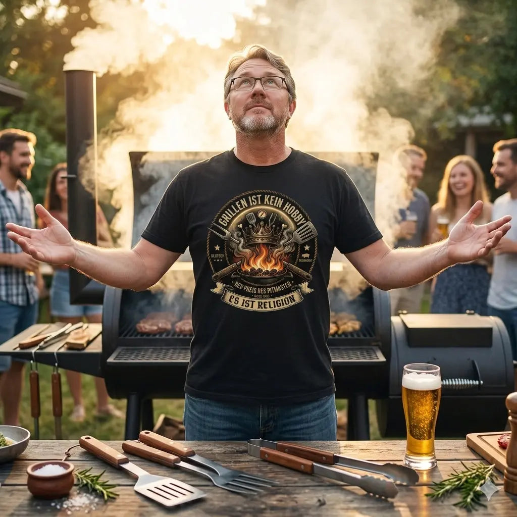 ahaufnahme eines stoischen Grillers in heroischer Pose vor rauchendem Smoker.
Bild-Caption: Schiere Wucht. Wenn Stoff zur Leinwand für die einzig wahre Religion wird.