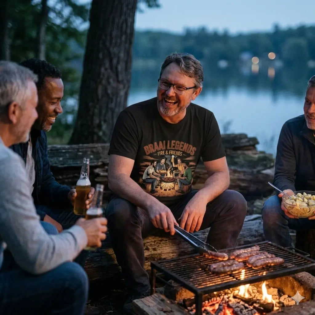 Mann am Lagerfeuer, grillt Würstchen im "Braai Legends"-Shirt, lachende Freunde.
