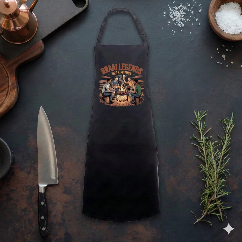 Eine schwarze Grillschürze mit dem Aufdruck ‚Braai Legends – Fire & Friends‘ liegt flach auf einer dunklen Schiefer-Arbeitsplatte. Das Design zeigt vier Freunde, die um ein Lagerfeuer sitzen und grillen, mit Boerewors-Würstchen, einer Schale Salat und einem Glas Bier. Um die Schürze herum sind Küchenutensilien wie ein großes Kochmesser, ein Holzschneidebrett, ein Kupferkännchen, Schalen mit Meersalz und frischer Rosmarin angeordnet
