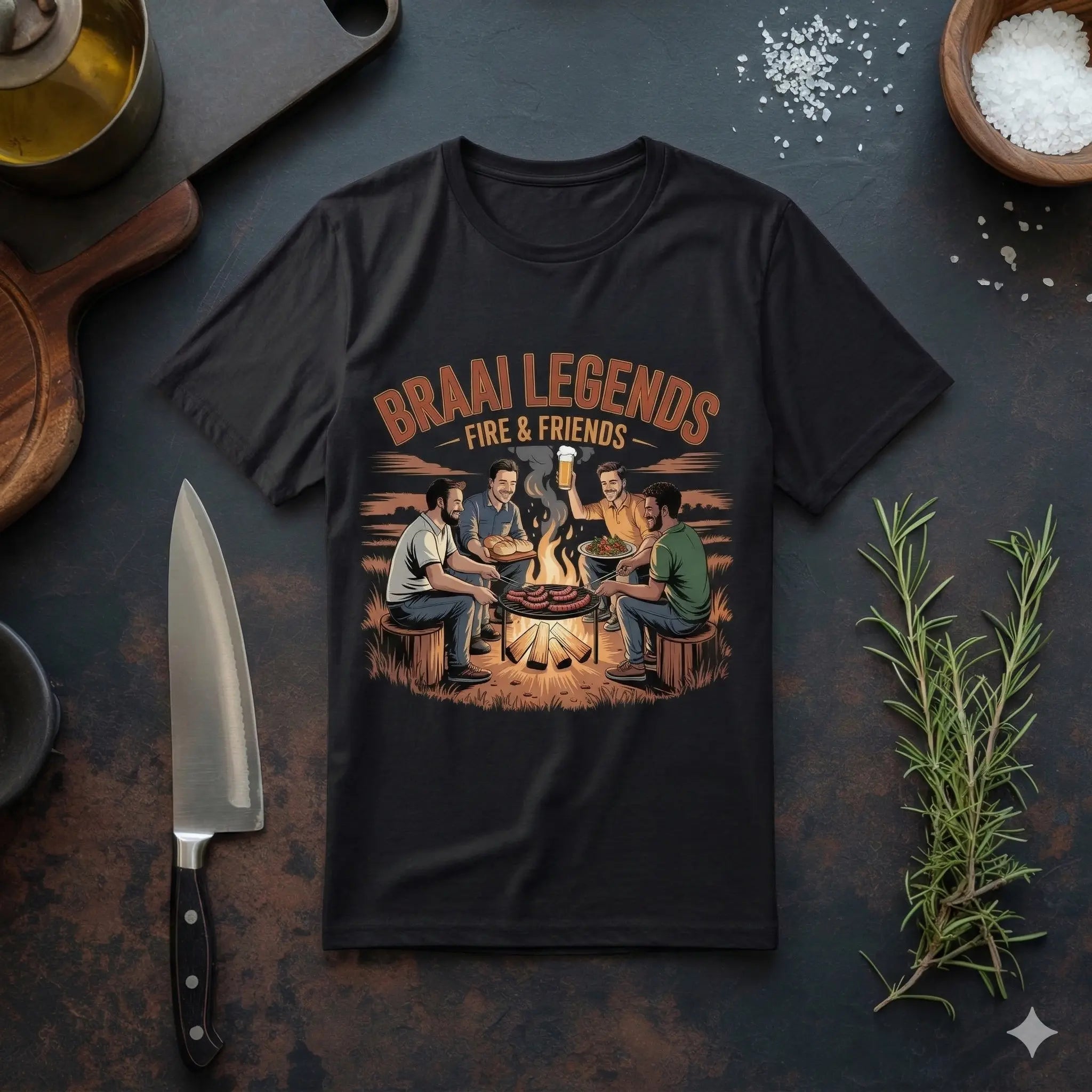 „Ein schwarzes Heavy Cotton T-Shirt mit dem Aufdruck ‚Braai Legends – Fire & Friends‘ liegt flach auf einer dunklen Schiefer-Arbeitsplatte. Das Design zeigt vier Freunde, die um ein Lagerfeuer sitzen und grillen, mit Boerewors-Würstchen, einer Schale Salat und einem Glas Bier. Um das T-Shirt herum sind Küchenutensilien wie ein großes Kochmesser, ein Holzschneidebrett, Ölkännchen, Schalen mit Meersalz und frischer Rosmarin angeordnet.“