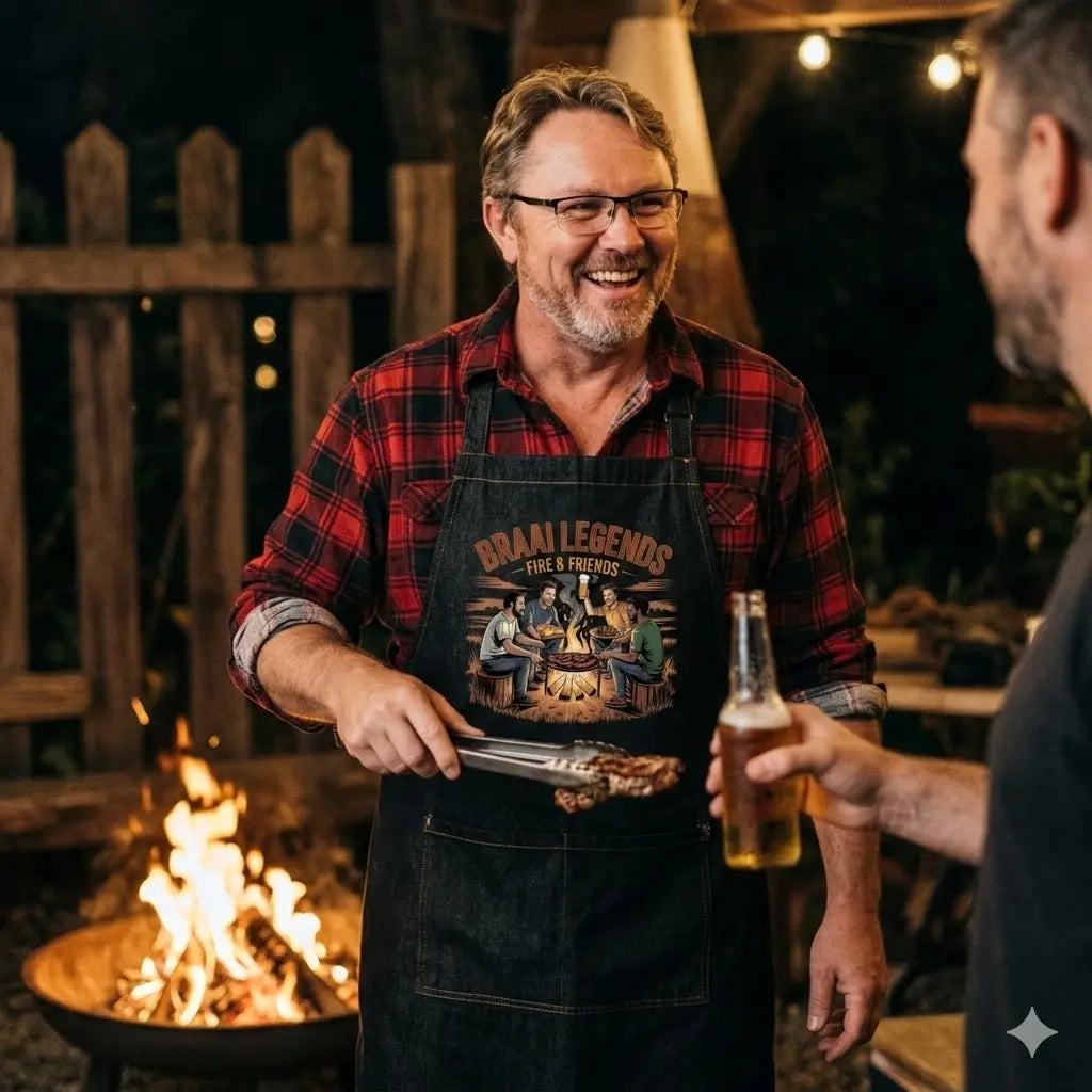 Midnight BBQ: Lachender Mann in Schürze reicht Grillfleisch am Lagerfeuer, warmes Licht.