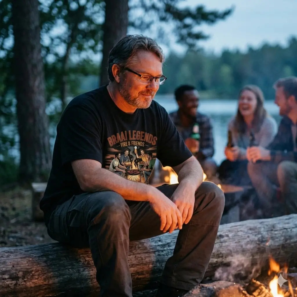 Mann sitzt entspannt am Lagerfeuer, Blaue Stunde am Seeufer, trägt Oversized 'Braai Legends' T-Shirt.