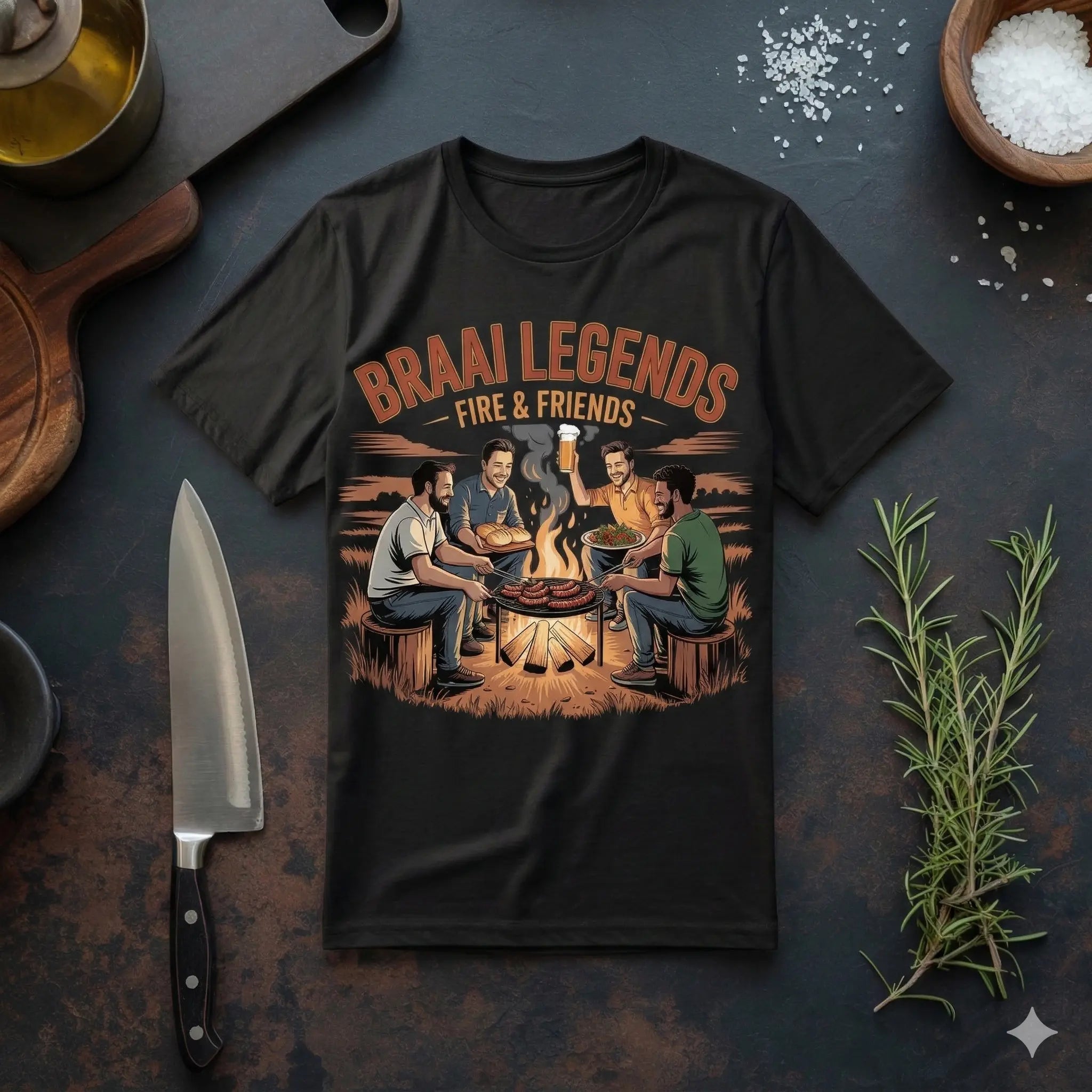 „Ein schwarzes T-Shirt mit dem Aufdruck ‚Braai Legends – Fire & Friends‘ liegt flach auf einer dunklen Schiefer-Arbeitsplatte. Das Design zeigt vier Freunde, die um ein Lagerfeuer sitzen und grillen, mit Boerewors-Würstchen, einer Schale Salat und einem Glas Bier. Um das T-Shirt herum sind Küchenutensilien wie ein großes Kochmesser, ein Holzschneidebrett, Ölkännchen, Schalen mit Meersalz und frischer Rosmarin angeordnet.“