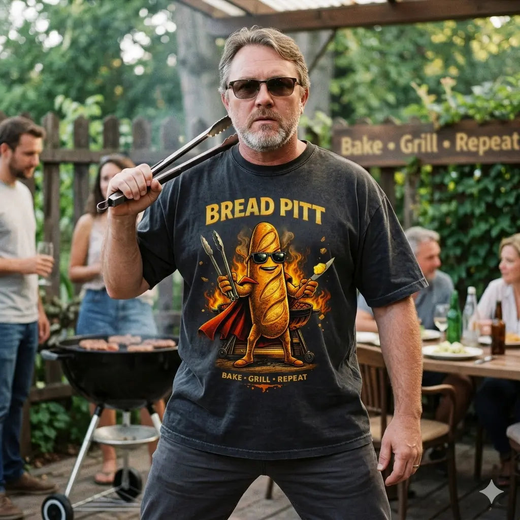 Mann in heroischer Pose mit Grillzange trägt schwarzes Bread Pitt T-Shirt, untersichtige Perspektive.